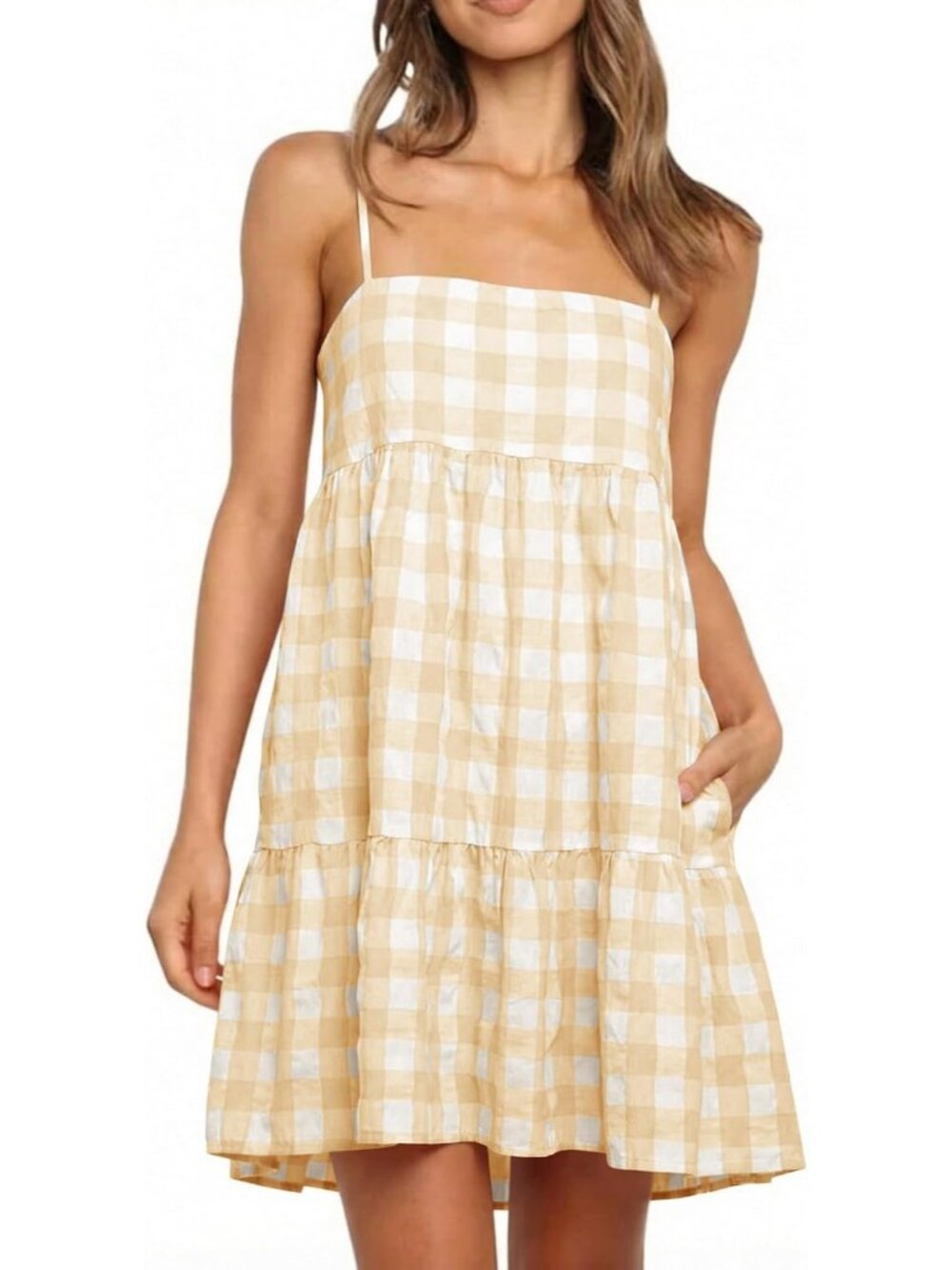 Women's Summer Plaid Mini Dress Spaghetti Strap Apricot Yellow-1 With Pockets
